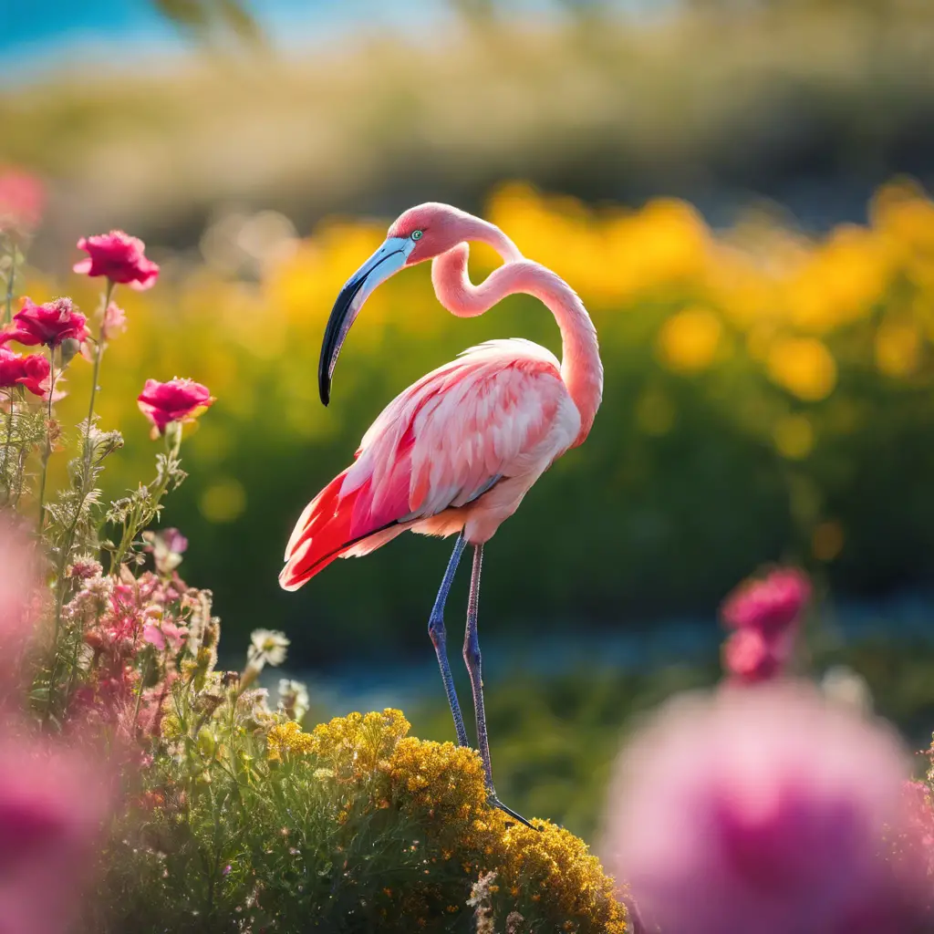 Ate a vibrant scene with a flamingo, a roseate spoonbill, and an Anna's hummingbird perched amidst Californian wildflowers, under a clear blue sky