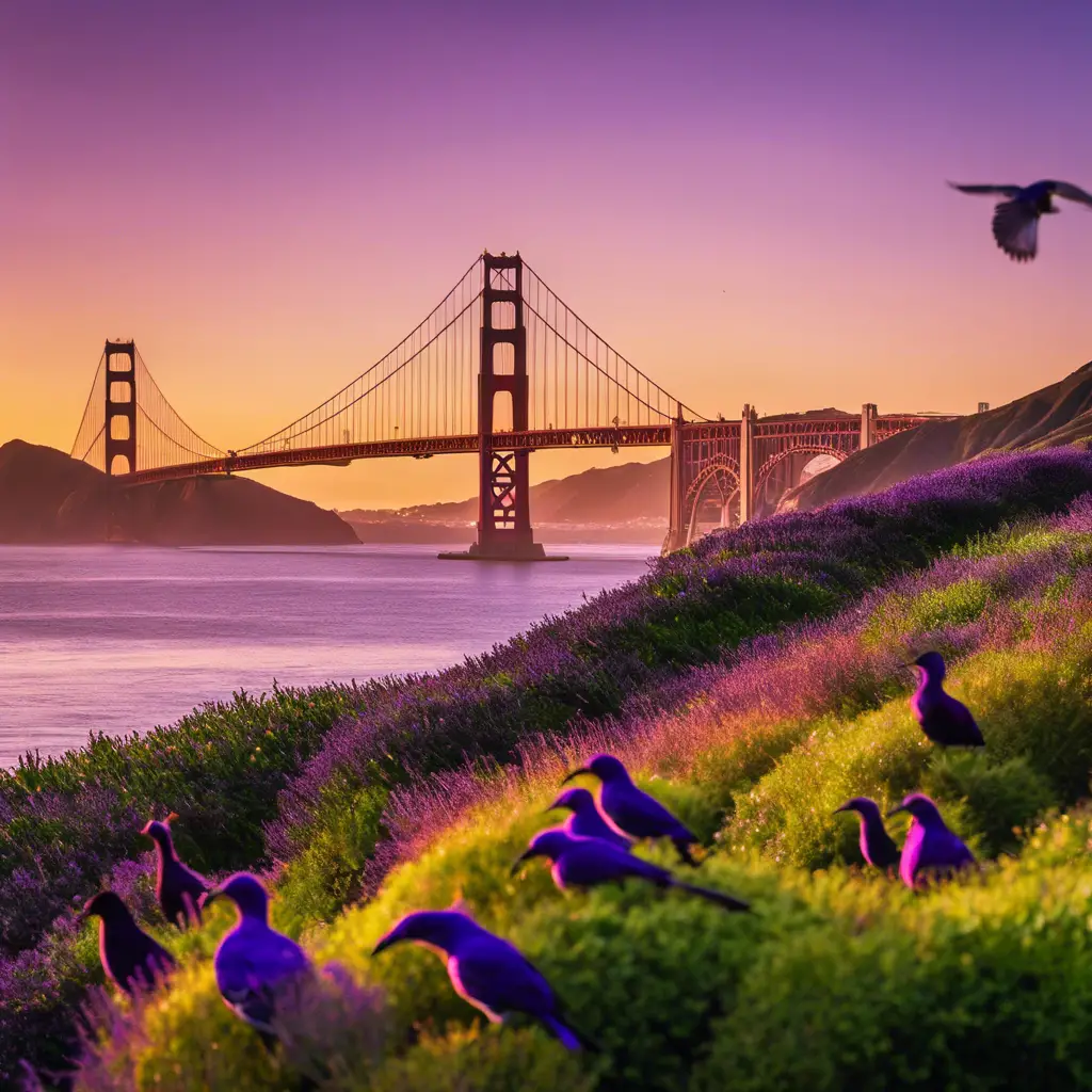 An image featuring a variety of purple birds native to California, perched in a lush, green coastal landscape at sunset with the Golden Gate Bridge faintly silhouetted in the background