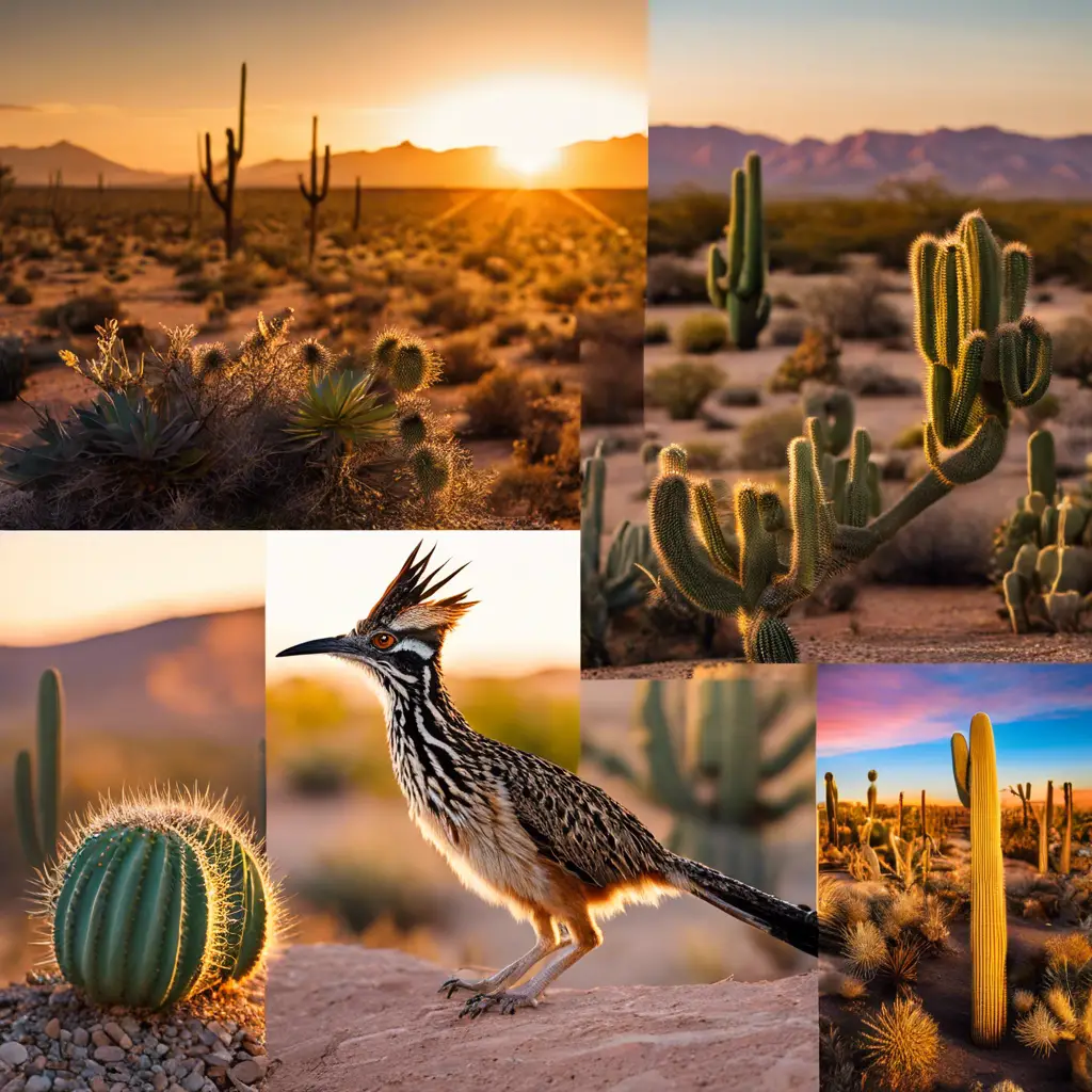 Ge of Texas desert wildlife: a roadrunner, a horned lizard, a jackrabbit, a coyote, and a diamondback rattlesnake, against a backdrop of cacti and the Chihuahuan Desert at sunset