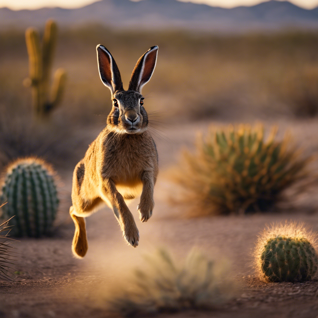 An image featuring a jackrabbit in mid-leap with blurred Texas desert background to convey speed, alongside cacti and subtle silhouettes of other desert animals at dusk