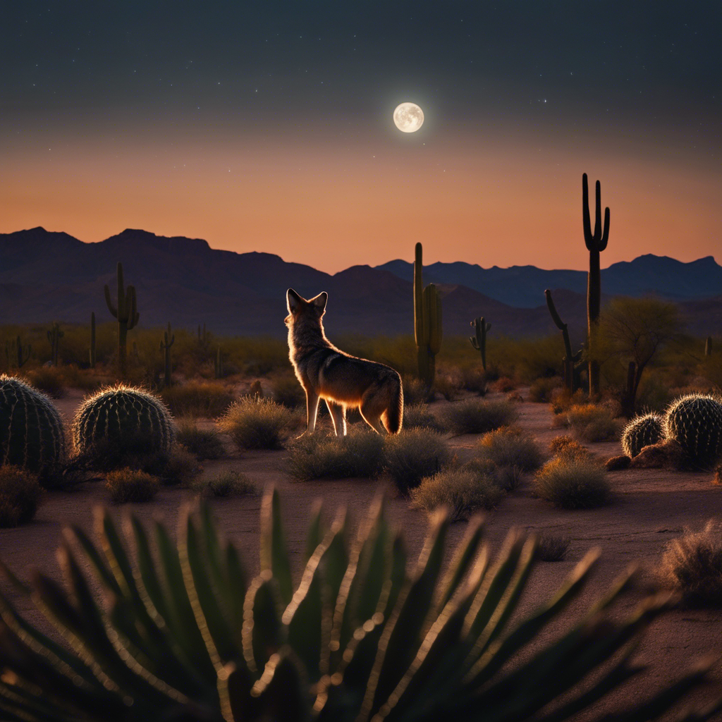 An image of a coyote howling on a moonlit Texas desert landscape with cacti, warm tones, and distant silhouettes of mesas