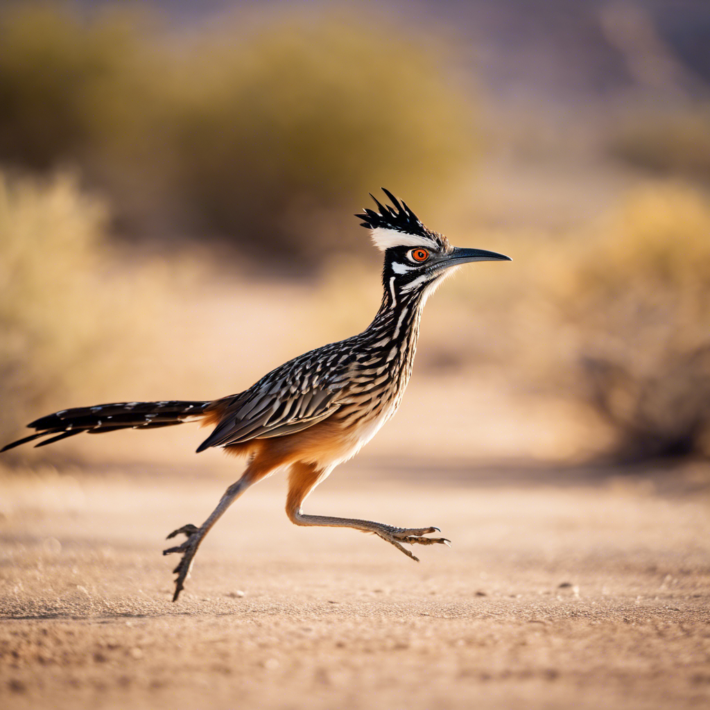 An image of a roadrunner in mid-sprint with blurred Texas desert background, showcasing its long legs, distinctive crest, and tail, capturing the essence of its quirky, energetic personality