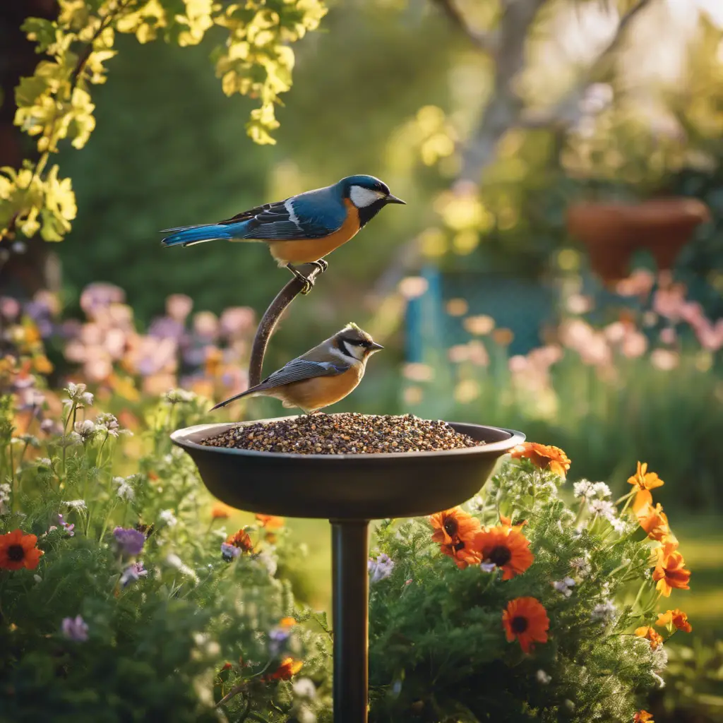 A serene backyard scene with bird feeders, a birdbath, native flowering plants, a nesting box, and various birds perched and in-flight, showcasing a welcoming habitat for avian visitors