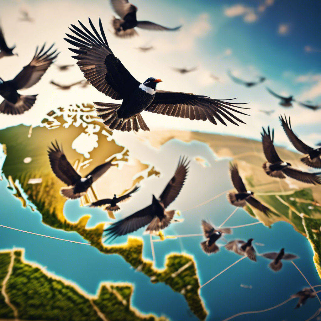 A detailed illustration showing flocks of various North American birds in V-formation, flying over a map with highlighted migration routes from Canada to Mexico, incorporating different landscapes below