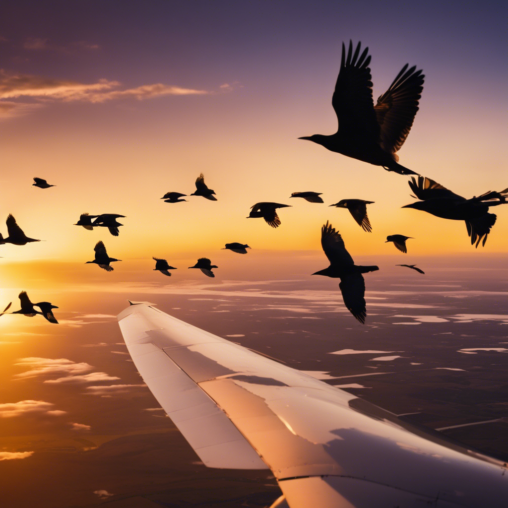 An image of various North American birds in flight over the Central Flyway, with a map silhouette below, highlighting key stopover habitats, amidst a sunset sky