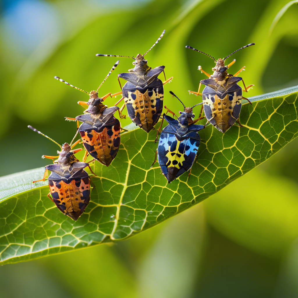 Ate a vibrant, detailed lineup of the five most common stink bugs in Florida, each on a separate leaf against a sunny, natural background, showcasing their distinct colors and patterns for easy identification