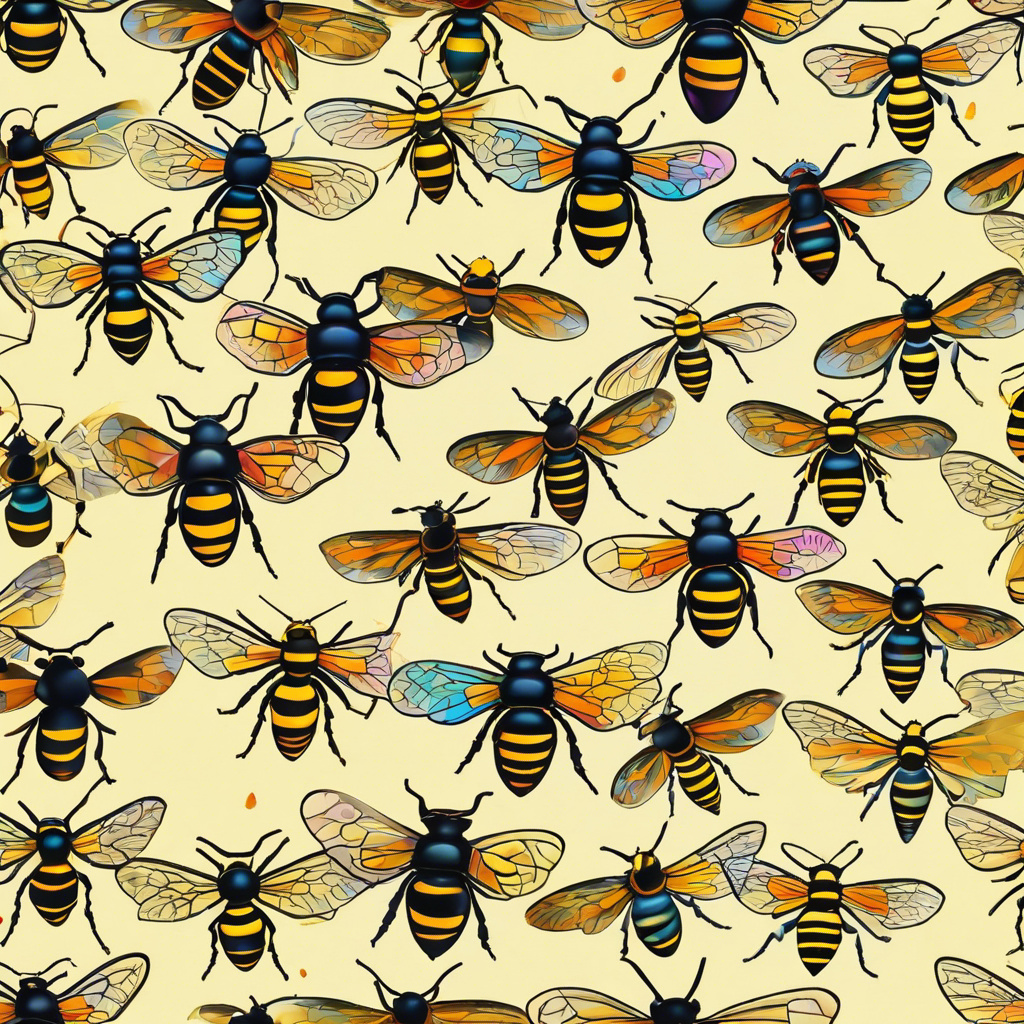 A vibrant, detailed illustration featuring a diverse array of wasps and hornets native to Florida, each accurately represented in their natural habitat, showcasing distinctive colors and body markings