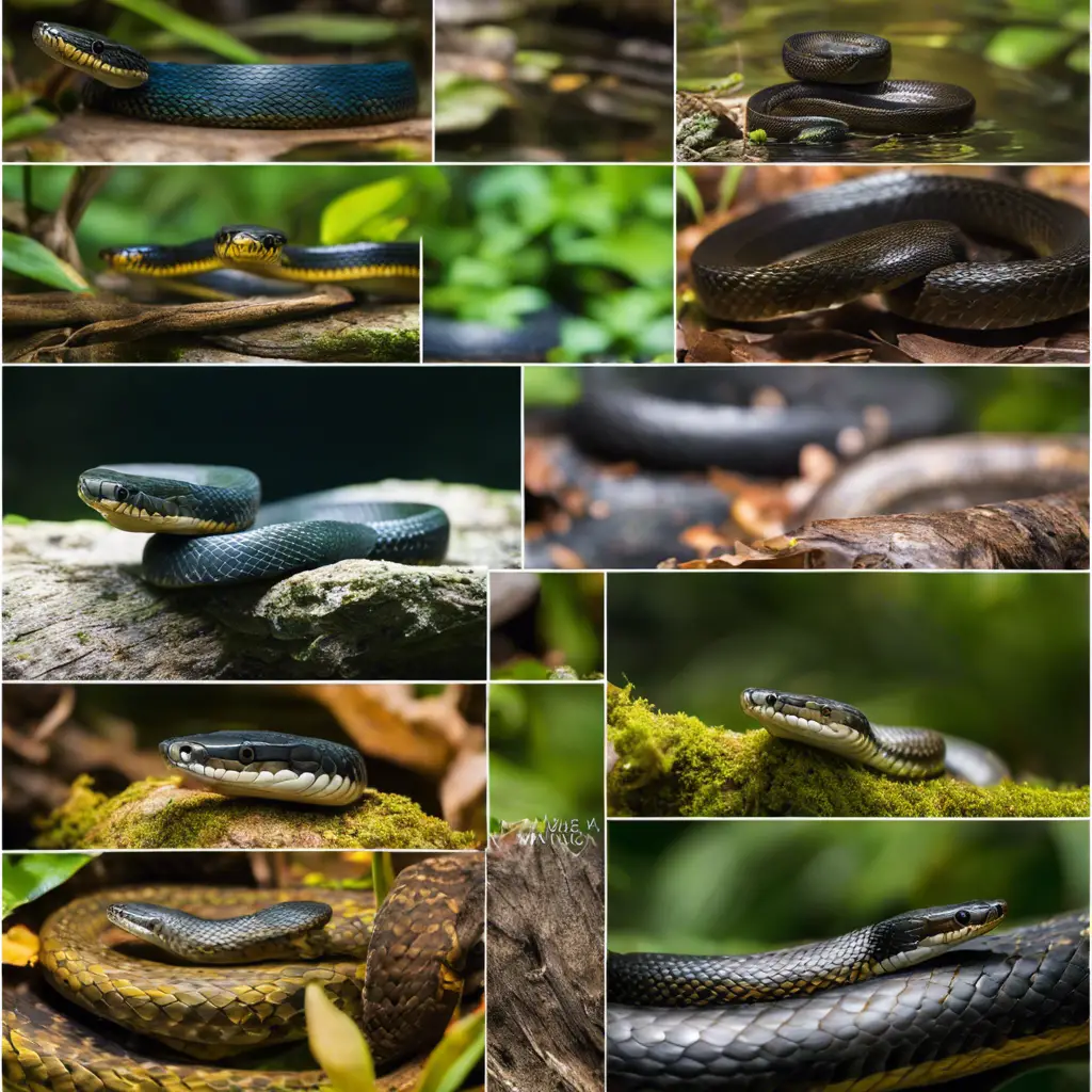 Ze a vibrant, detailed guide showcasing five distinct water snakes native to Florida, each in its natural habitat, with distinguishing features highlighted through color and pattern, arranged harmoniously in a dynamic, informative composition