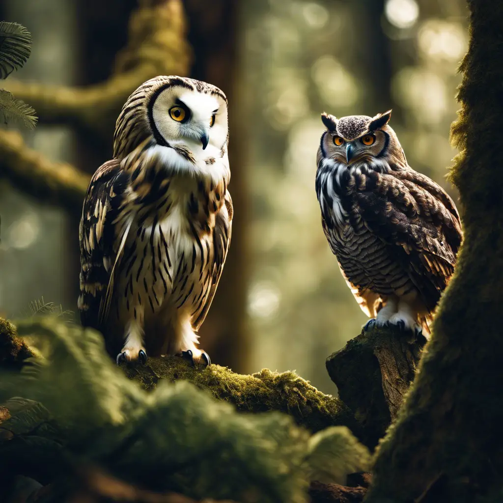 An illustration of various owls using camouflage in a dense forest, with a hidden eagle perched silently, eyes locked on an unsuspecting owl, showcasing the predator-prey dynamic