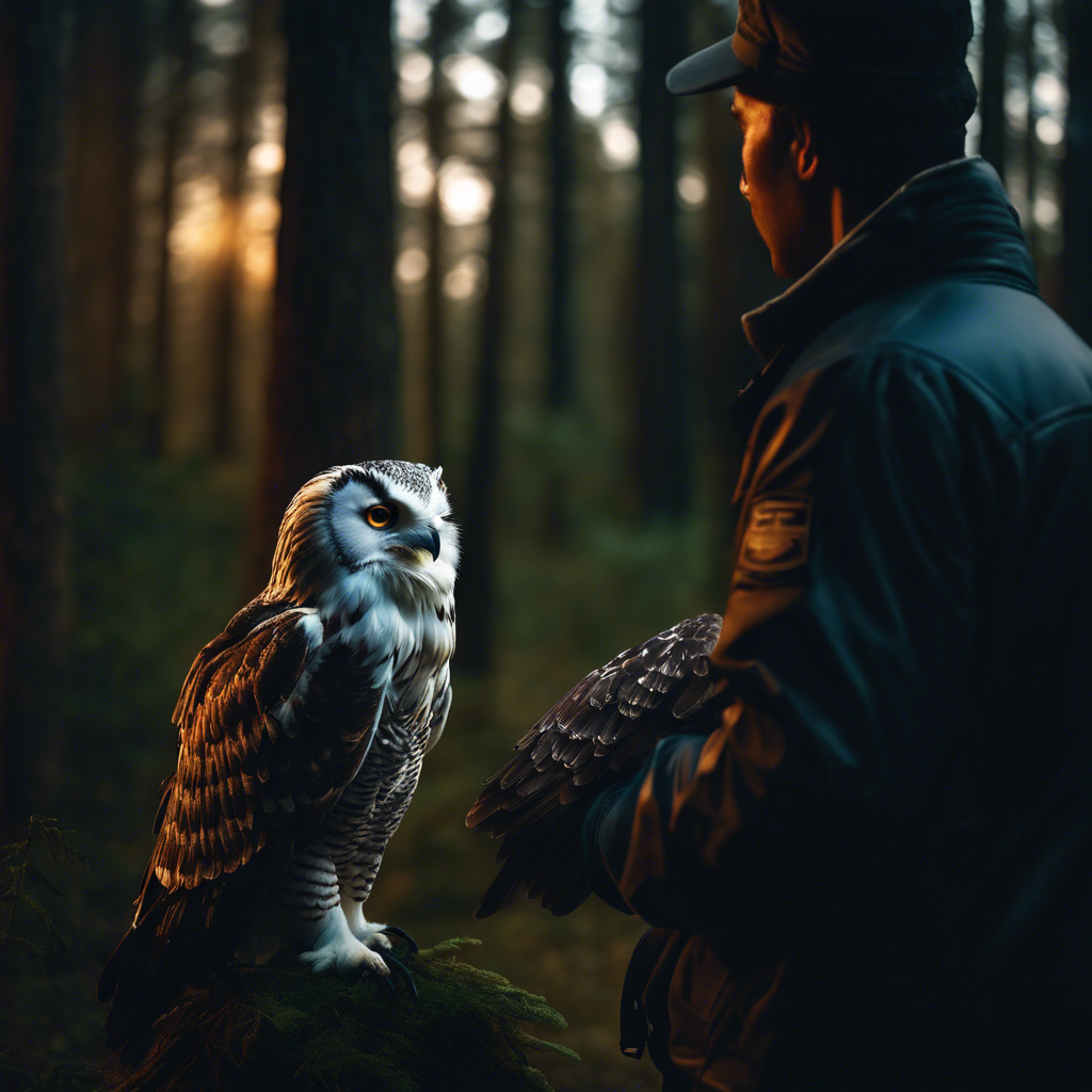 An image of a human gently releasing a rehabilitated owl into a moonlit forest, with a shadowy figure of an eagle in the background, symbolizing the predator-prey relationship