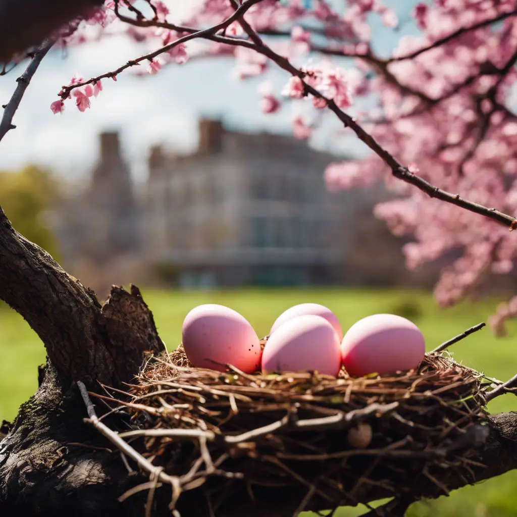 E of a nest with pink eggs, nestled on a tree branch, with people planting trees and observing birds through binoculars in the background, symbolizing conservation efforts
