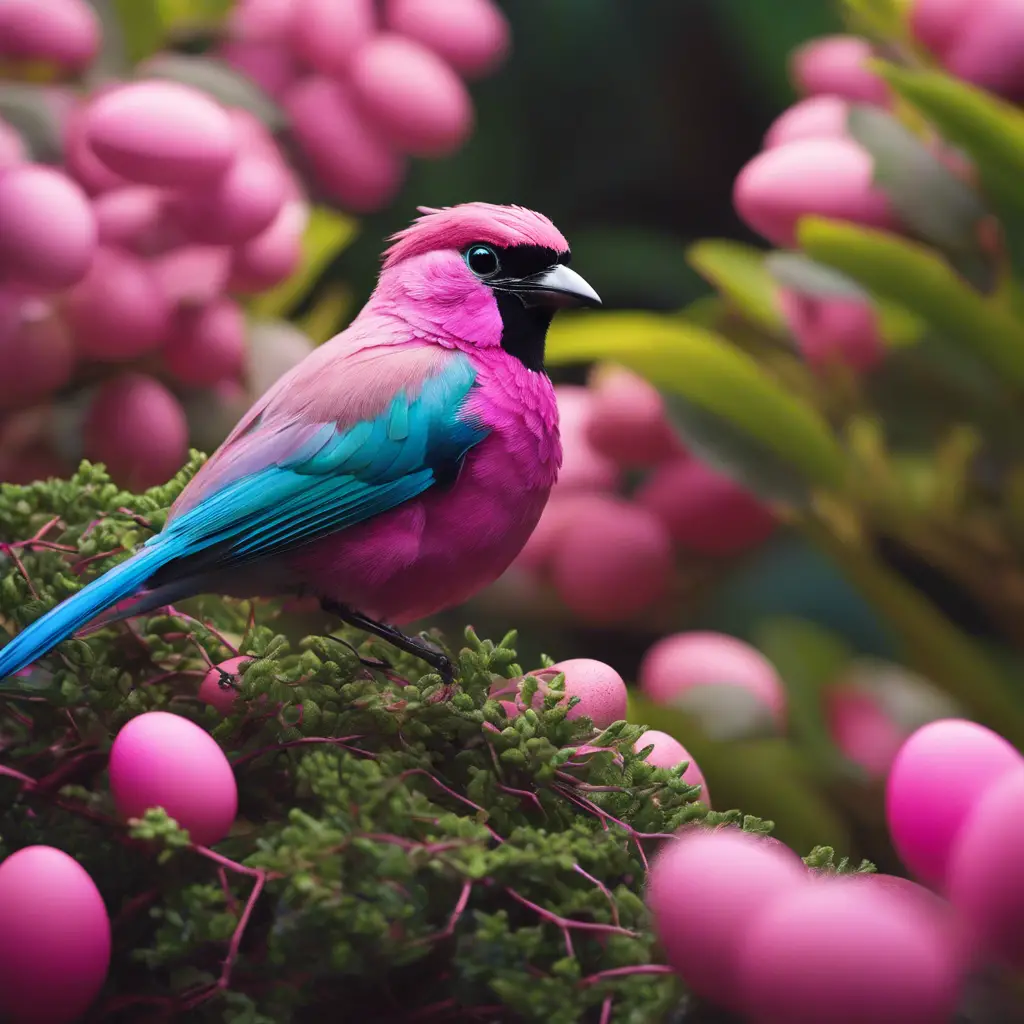 An image of a bird with iridescent feathers, building a nest in a flowering bush, with several distinct pink eggs inside, while a camouflaged predator lurks subtly in the background