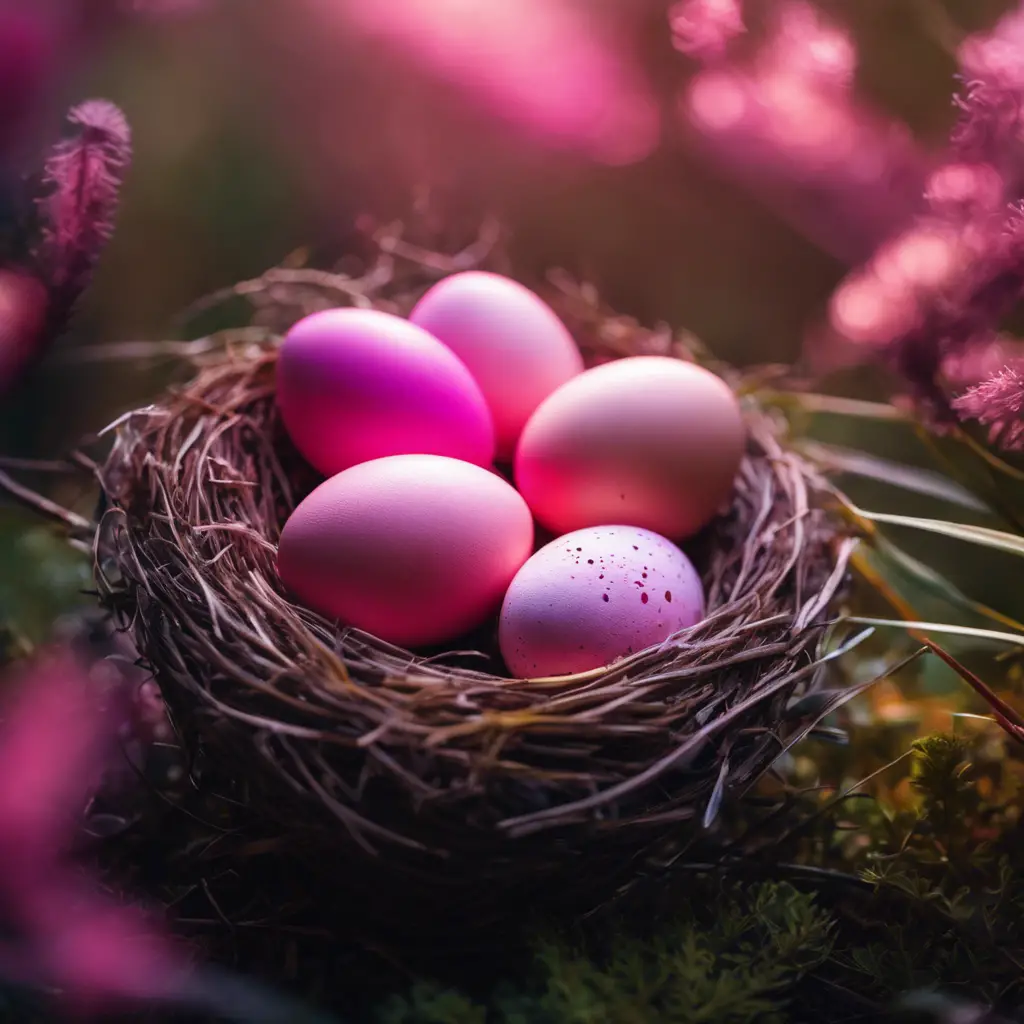 Ate a nest containing several unique pink eggs, with a background of a chromatic spectrum and molecules indicating pigmentation, amidst a serene natural setting