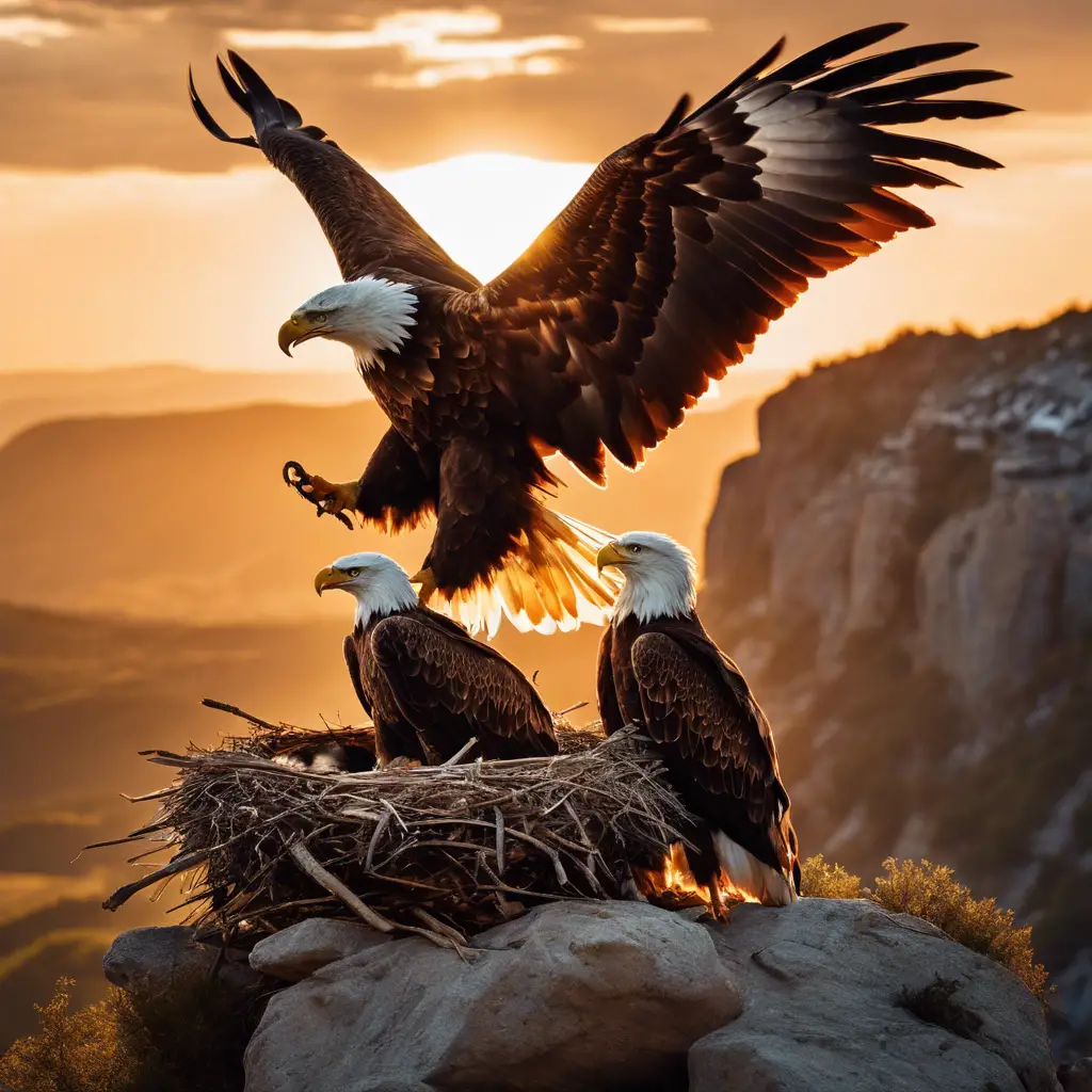 Ate an adult eagle sheltering two fluffy eaglets in a nest atop a craggy cliff, with the sun setting in the background, casting a warm glow over the protective scene