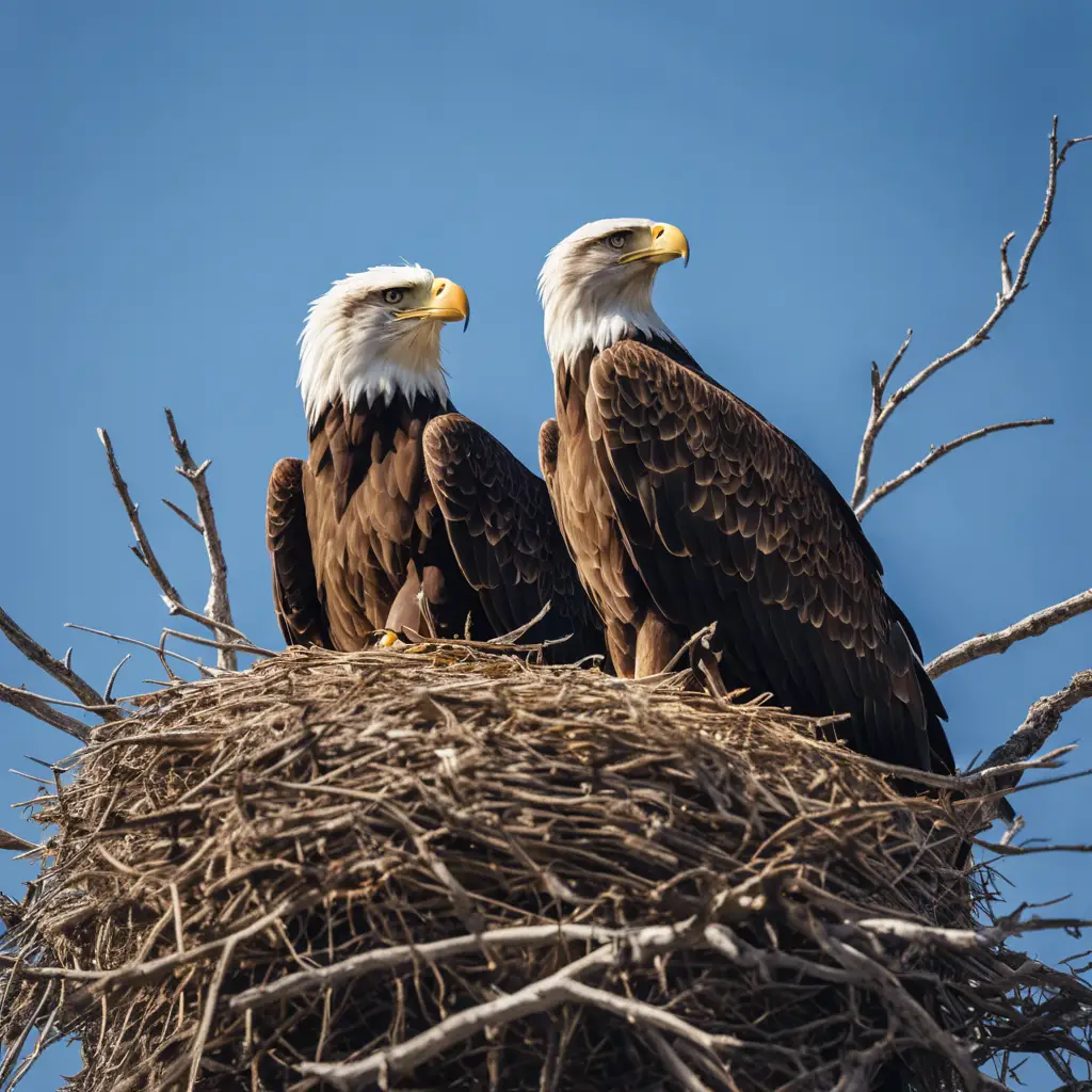 An image of a nest perched high on a cliff edge with a majestic adult eagle and a fluffy eaglet peeking out against a backdrop of a vast, clear blue sky