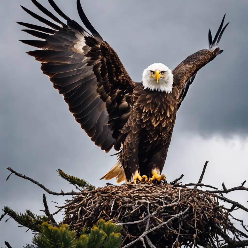 An image of a fledgling eagle braving a storm, with its nest atop a craggy peak, as older eagles soar nearby, showcasing the resilience and hardships faced by young eagles in their natural habitat