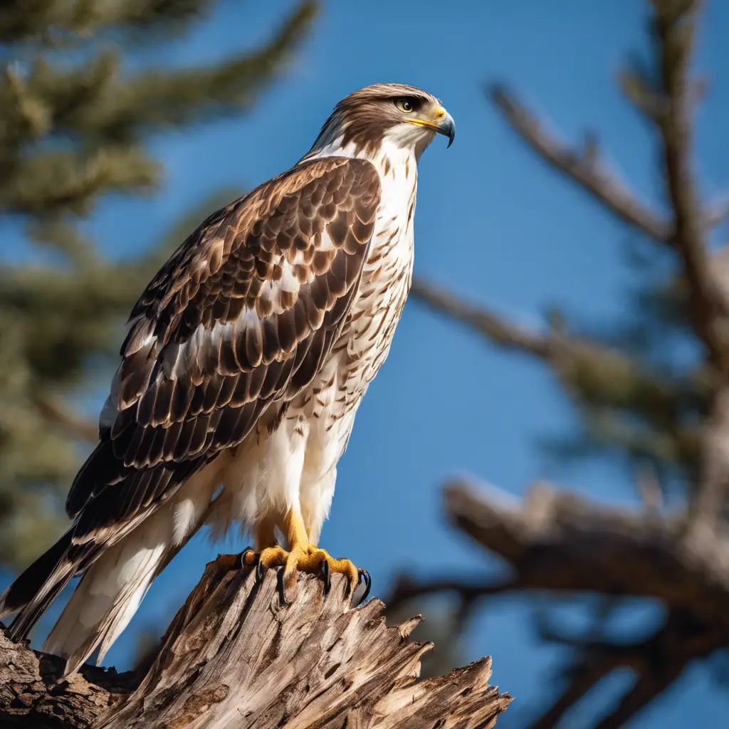 An image of a massive Ferruginous Hawk perched dominantly on a weathered tree stump, with expansive wings partially unfurled, against a clear blue sky backdrop