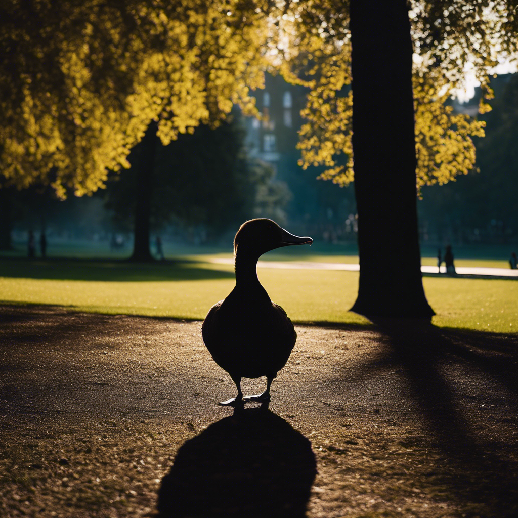 An image of a person in a park looking nervously over their shoulder at a large, looming duck shadow cast on the ground, illustrating the essence of Anatidaephobia