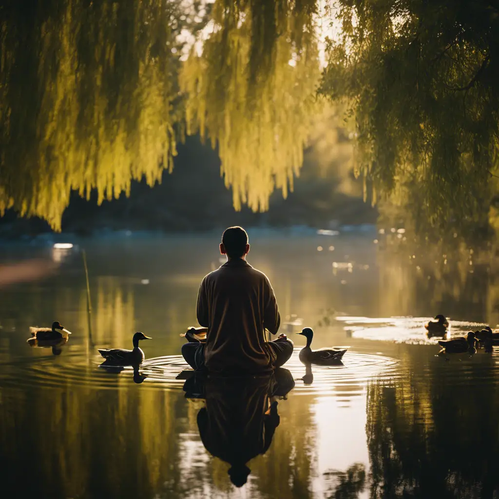 An image of a serene pond with a person meditating peacefully while ducks swim nearby, reflecting a sense of harmony and the person's newfound comfort with the presence of ducks