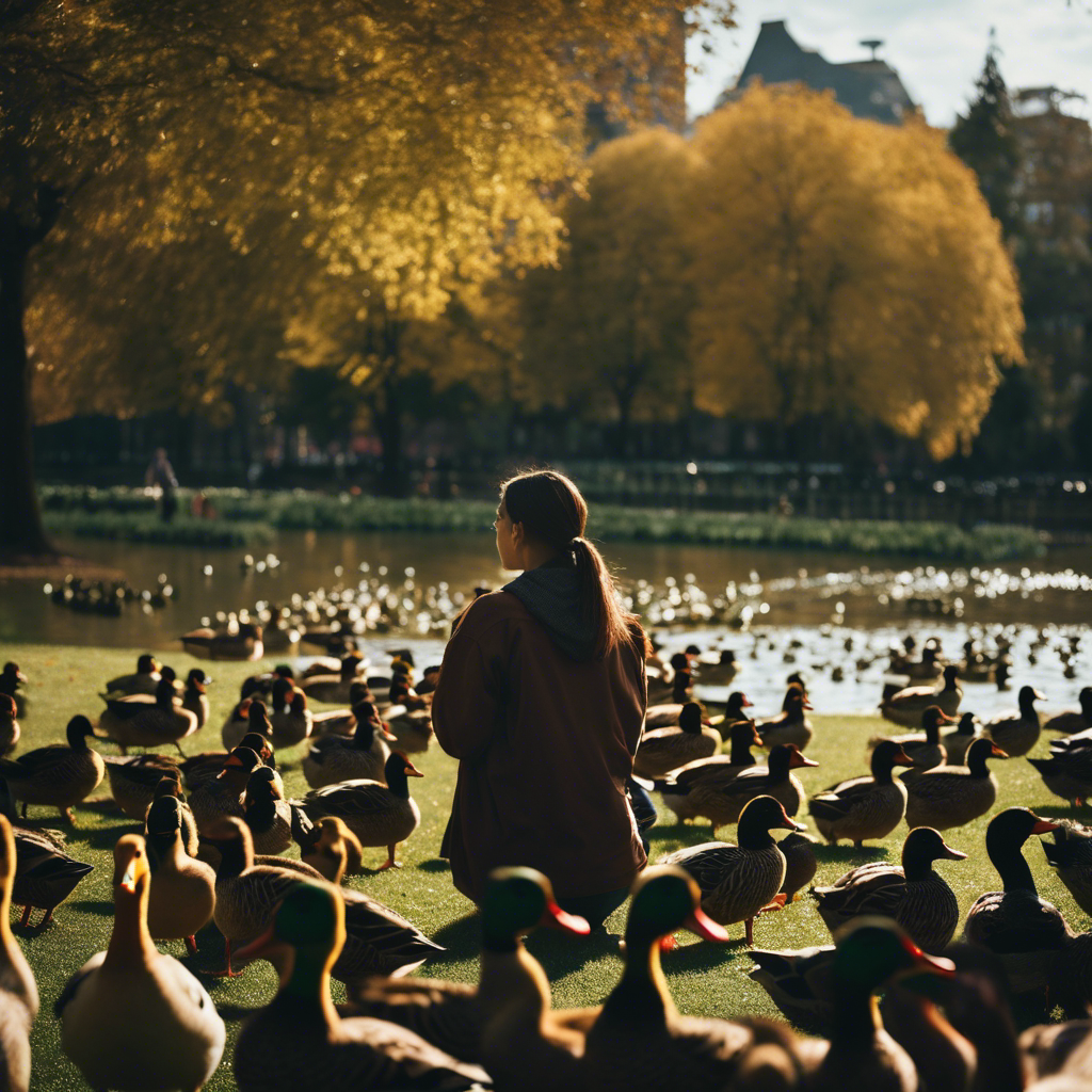 An image depicting a person in a park, surrounded by ducks, expressing anxiety and paranoia with sweat on their forehead and wide, darting eyes
