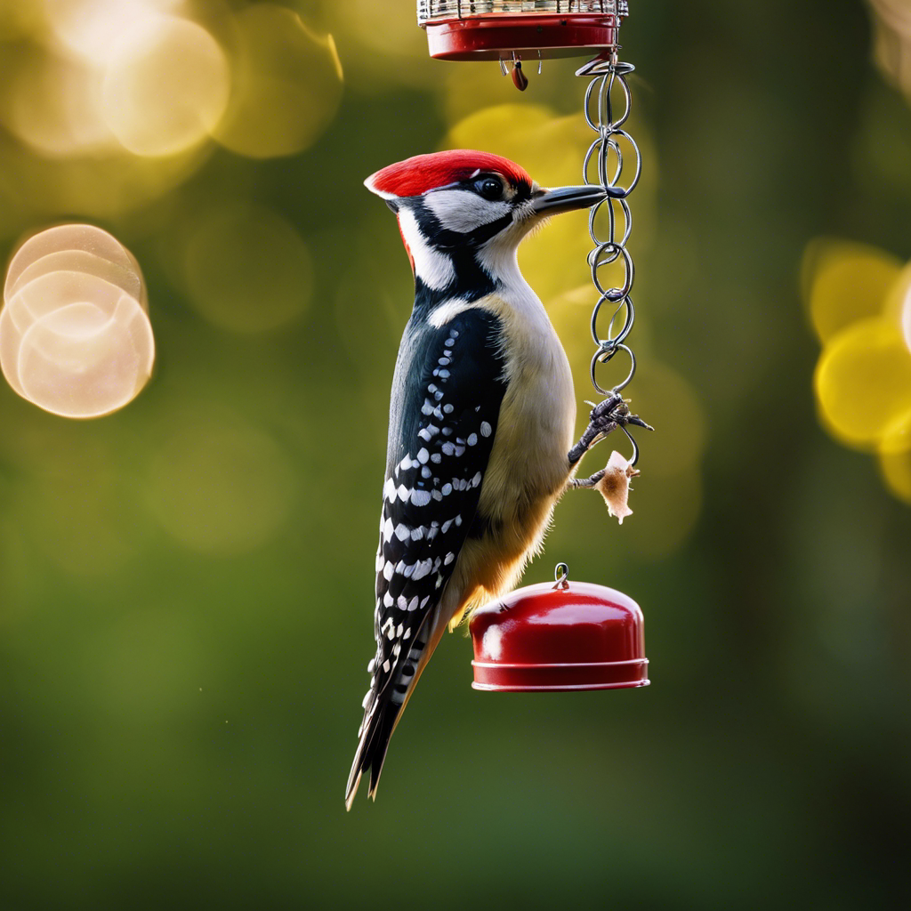 An image of a woodpecker startled mid-peck by various household items like a clanging wind chime, a barking dog, and ultrasonic pest repellers emitting invisible sound waves