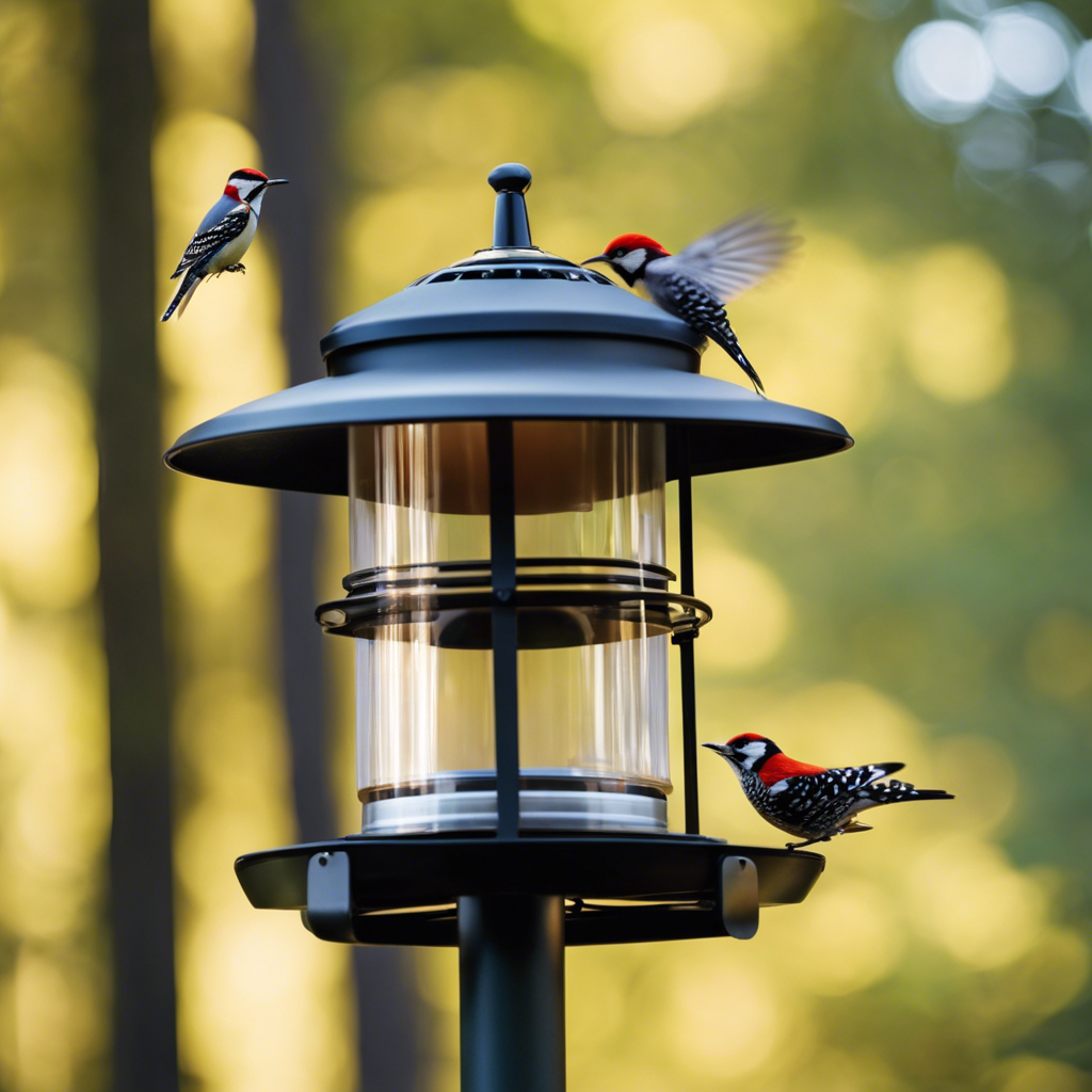An image of various bird-repellent devices, such as ultrasonic emitters and reflective tape, amidst a serene forest setting, with woodpeckers flying away in alarm
