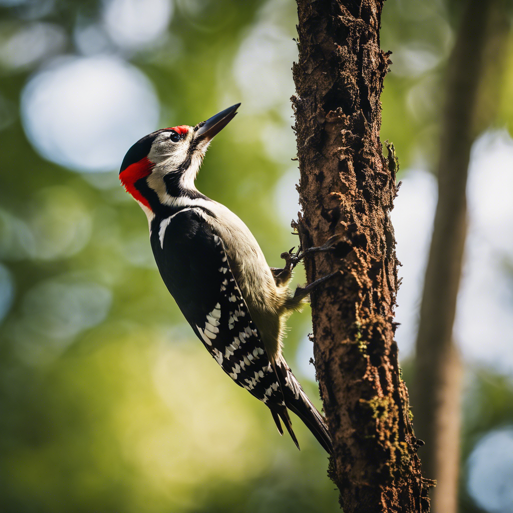 An image of a startled woodpecker mid-flight, with looming shadows of predatory birds and thunderclouds overhead in a forest setting, reflecting fear-inducing elements in nature