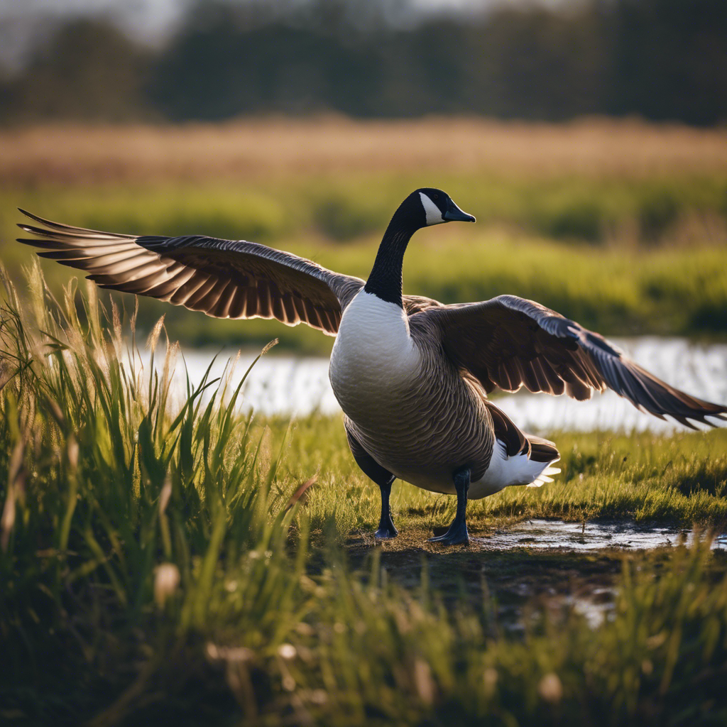 An image of an alert goose with raised wings and neck stretched, hissing aggressively at a perceived threat in a grassy wetland environment, reflecting tension and the concept of alarm calls
