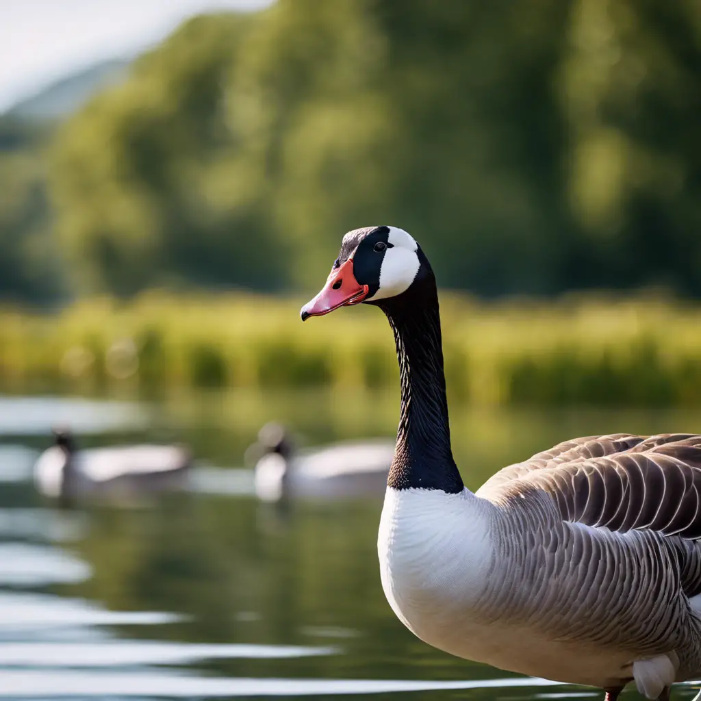 An image of a goose mid-honk with sound waves emanating from its open beak, set against a serene lake background, with other geese listening attentively
