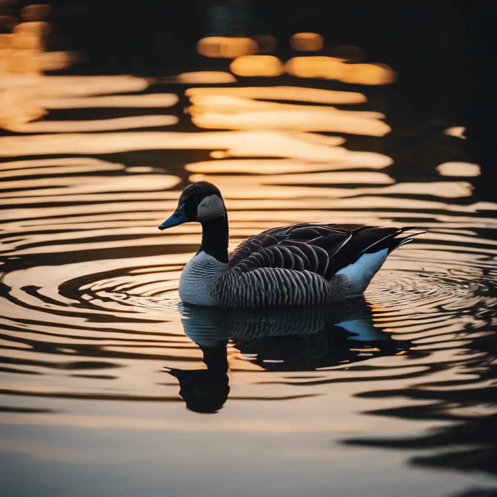 An image of a serene pond at dusk, with a single goose tilting its head as if whispering, surrounded by attentive ducklings amidst soft ripples on the water's surface