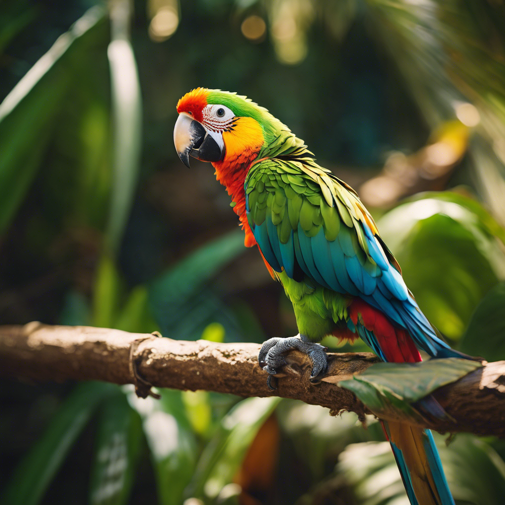 Ate a parrot with human-like expressive eyes and upturned beak corners, perched on a branch amidst a sunny, vibrant jungle setting, embodying a cheerful demeanor