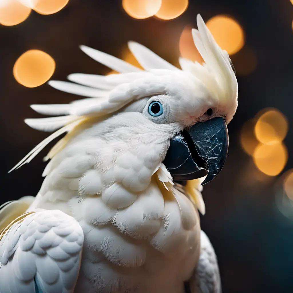 An image of a close-up cockatoo with feathers ruffled in a way that mimics a smile, surrounded by subtle, soft-focus illustrations of other birds showing distinctive, expressive features