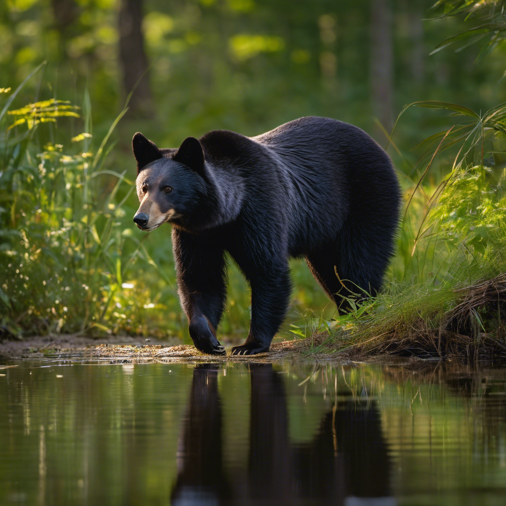 An image showcasing the diverse wildlife of North Carolina, featuring a black bear foraging in a lush forest, a red fox prancing through a meadow, and a great blue heron hunting in a serene wetland