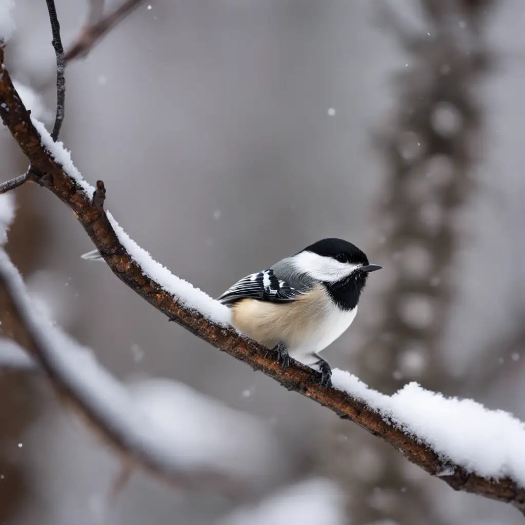 An image of a tree branch with a black-capped chickadee, a downy woodpecker, and a white-breasted nuthatch perched on it, set against the backdrop of a snowy forest in New York