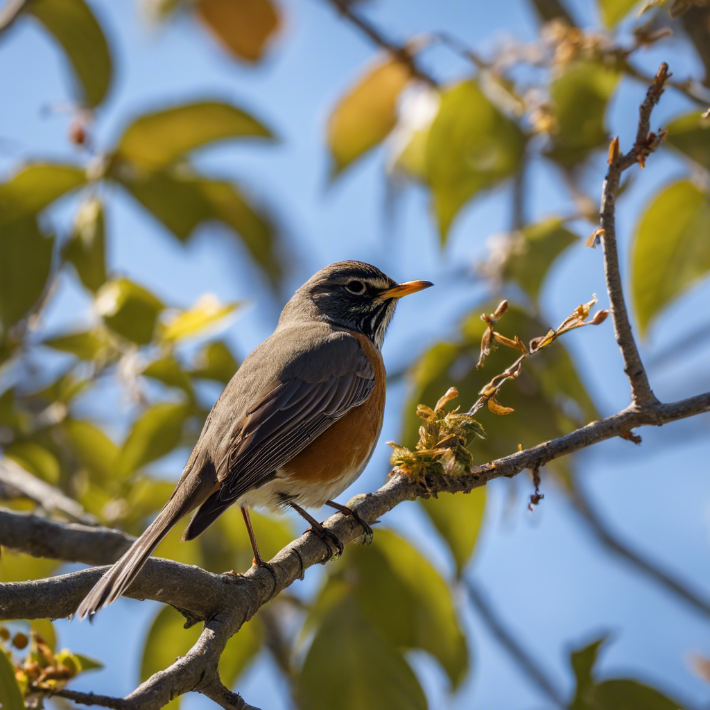An image of a group of brown birds commonly found in New York, such as the American Robin, Northern Mockingbird, and House Sparrow, perched on a tree branch against a blue sky backdrop