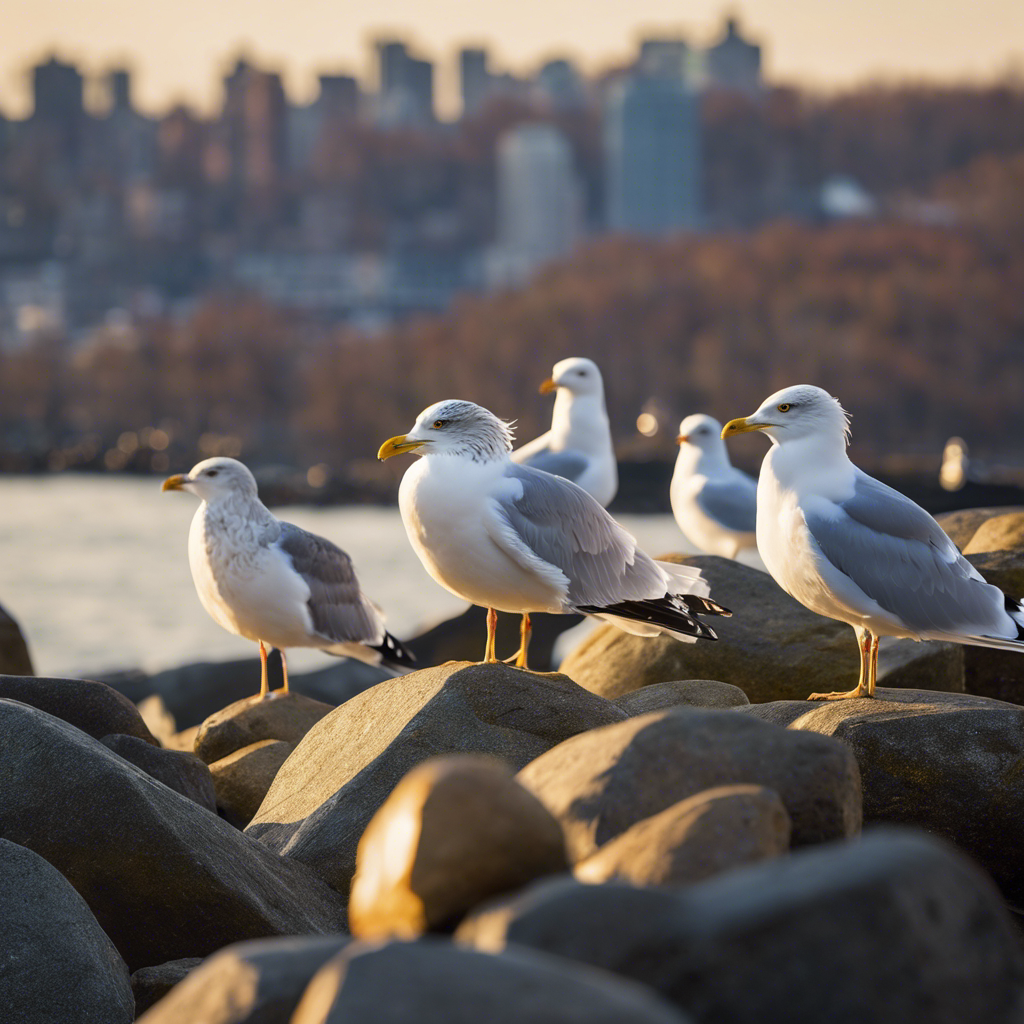 a close-up image of a flock of herring gulls perched on the rocks at the edge of the Hudson River, with their distinctive white and gray plumage and bright yellow beaks