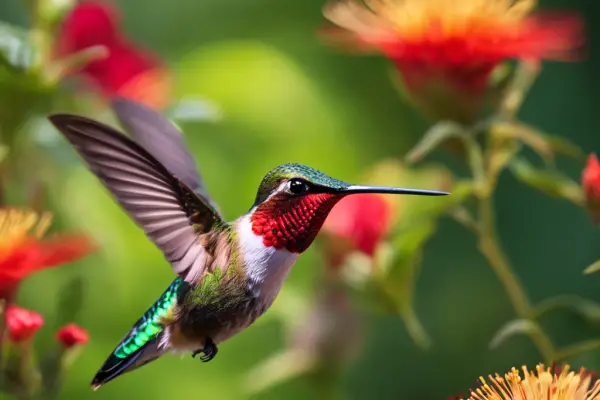 An image of a lush Illinois garden with bright red and green feathers flitting among the flowers