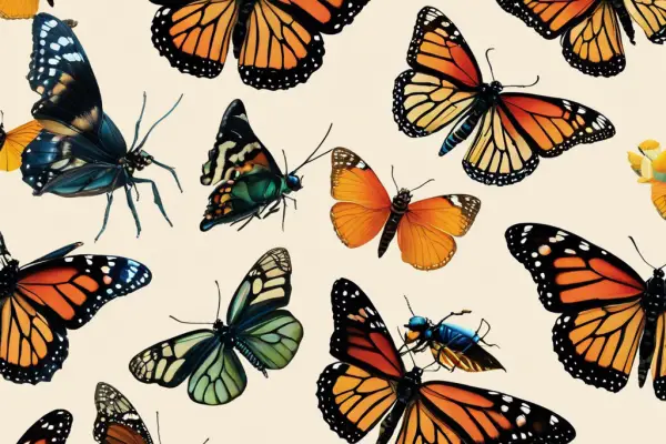 An image that showcases the most common insects found in Illinois, such as the monarch butterfly, Japanese beetle, and house fly, in their natural habitats
