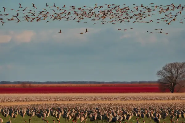 An image of the vast Illinois countryside with a flock of sandhill cranes gracefully soaring overhead, their long necks and distinctive red caps visible against the blue sky