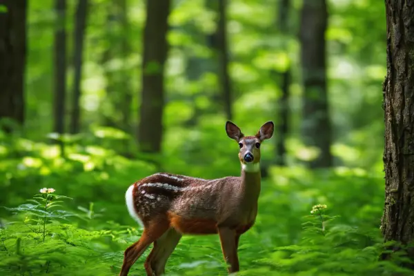 An image of a lush green forest in Pennsylvania with various mammals such as white-tailed deer, black bears, Eastern cottontail rabbits, groundhogs, and gray squirrels roaming freely