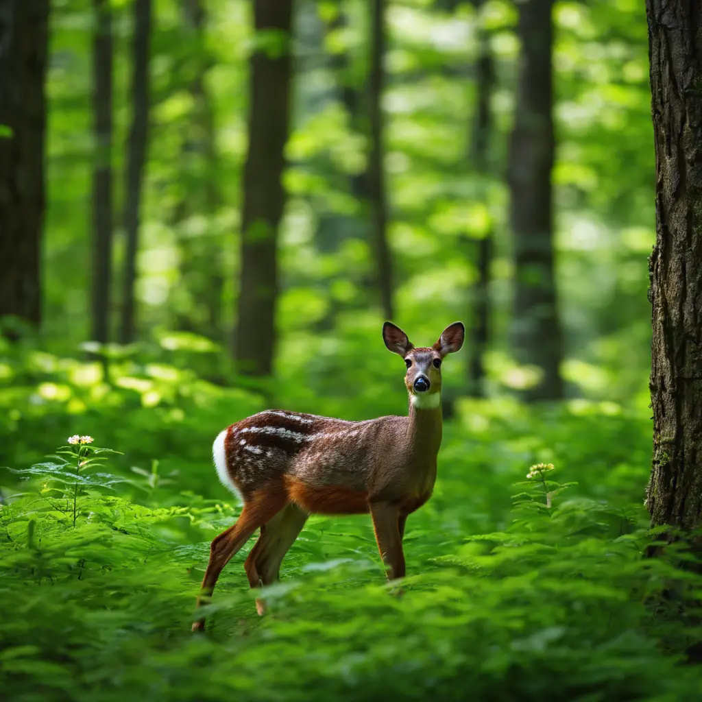 An image of a lush green forest in Pennsylvania with various mammals such as white-tailed deer, black bears, Eastern cottontail rabbits, groundhogs, and gray squirrels roaming freely
