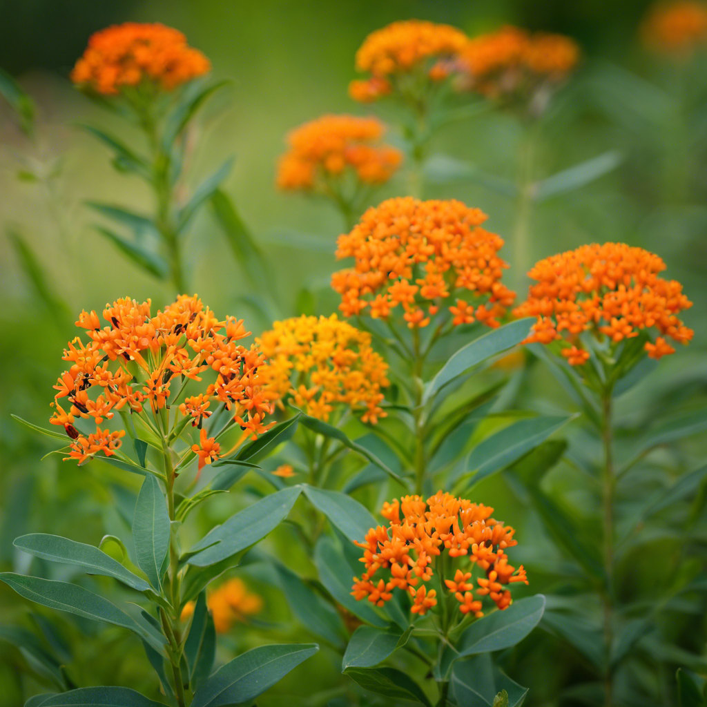 An image showcasing the vibrant orange and yellow flowers of tropical milkweed mingling with the native milkweed species in a Pennsylvania field, highlighting the impact of this non-native plant on local ecosystems