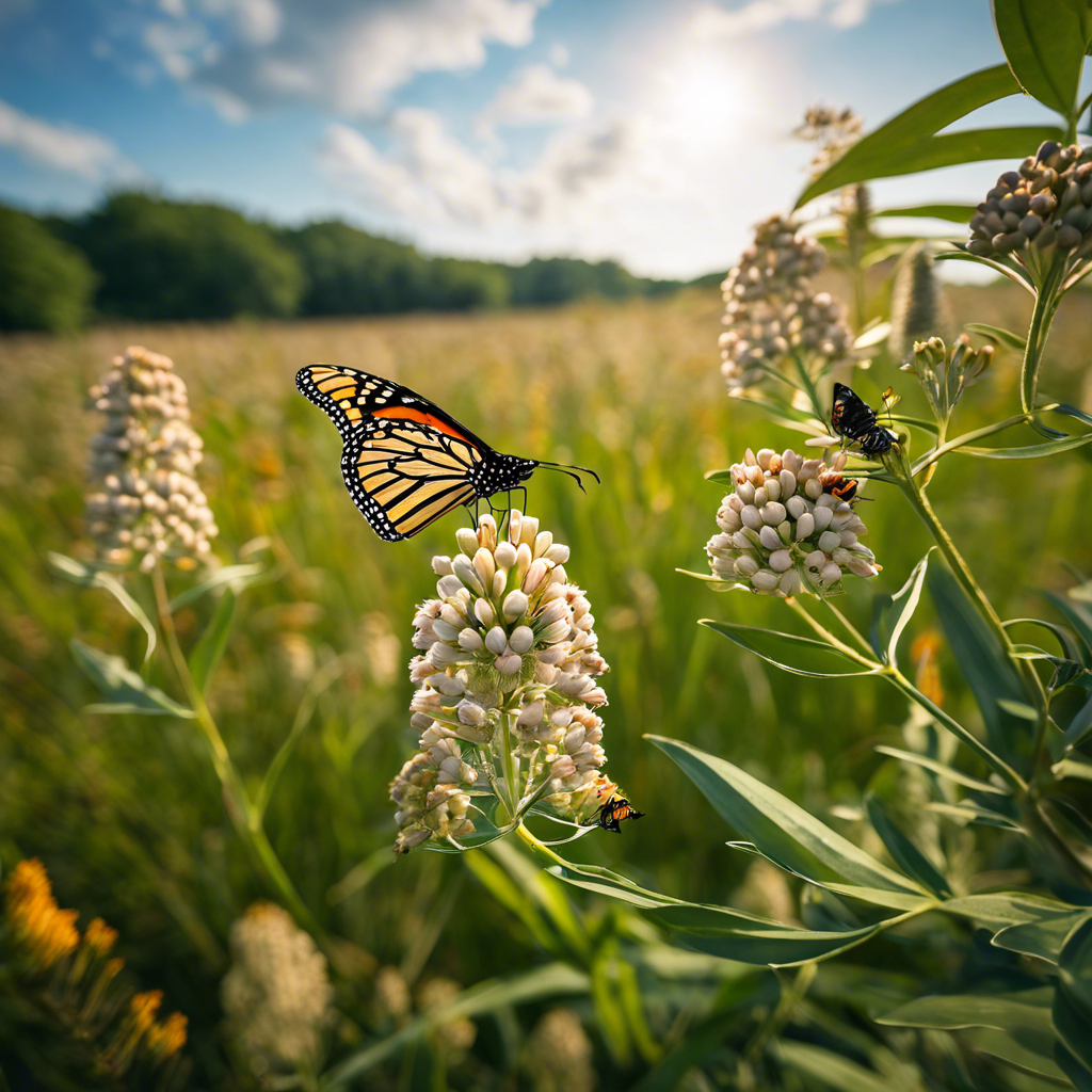 An image showcasing a close-up view of Whorled Milkweed (Asclepias verticillata) in a Pennsylvania meadow, with monarch butterflies, bees, and other wildlife interacting with the plant