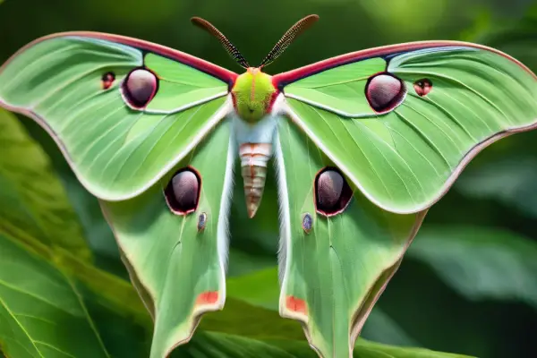 An image of a close-up view of a Luna moth perched on a leaf, showcasing its vibrant green wings and distinct curled tails