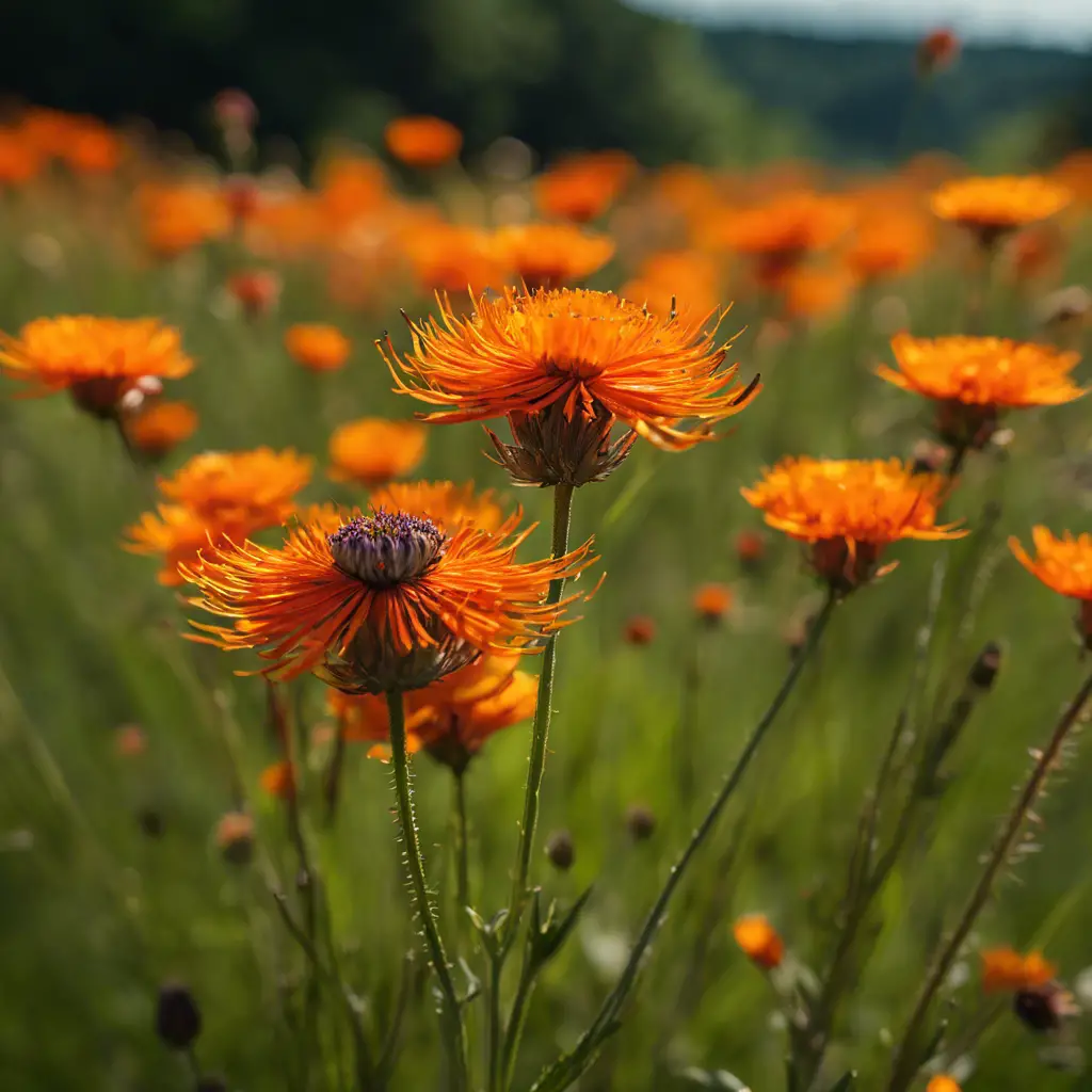 An image showcasing the vibrant, fiery orange petals of Orange Hawkweed in a lush Pennsylvania meadow