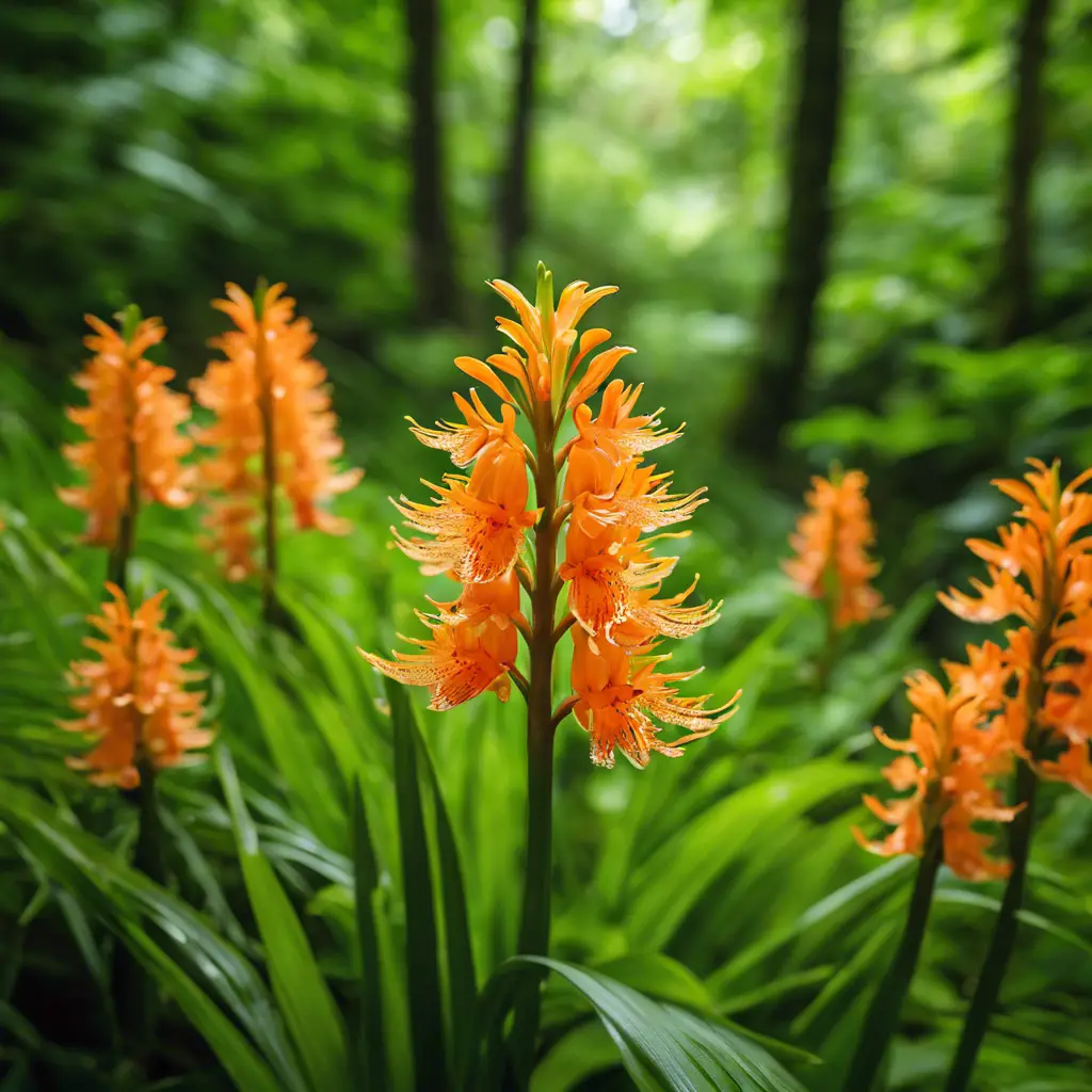 An image of a vibrant orange-fringed orchid nestled among lush green foliage in a Pennsylvania forest