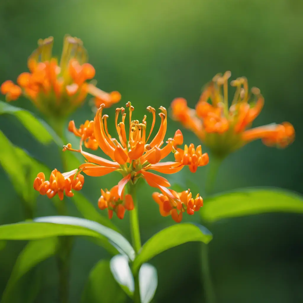 An image of a vibrant orange Tropical Milkweed flower with long slender petals, surrounded by lush green foliage, against a blurred background of a Pennsylvania meadow