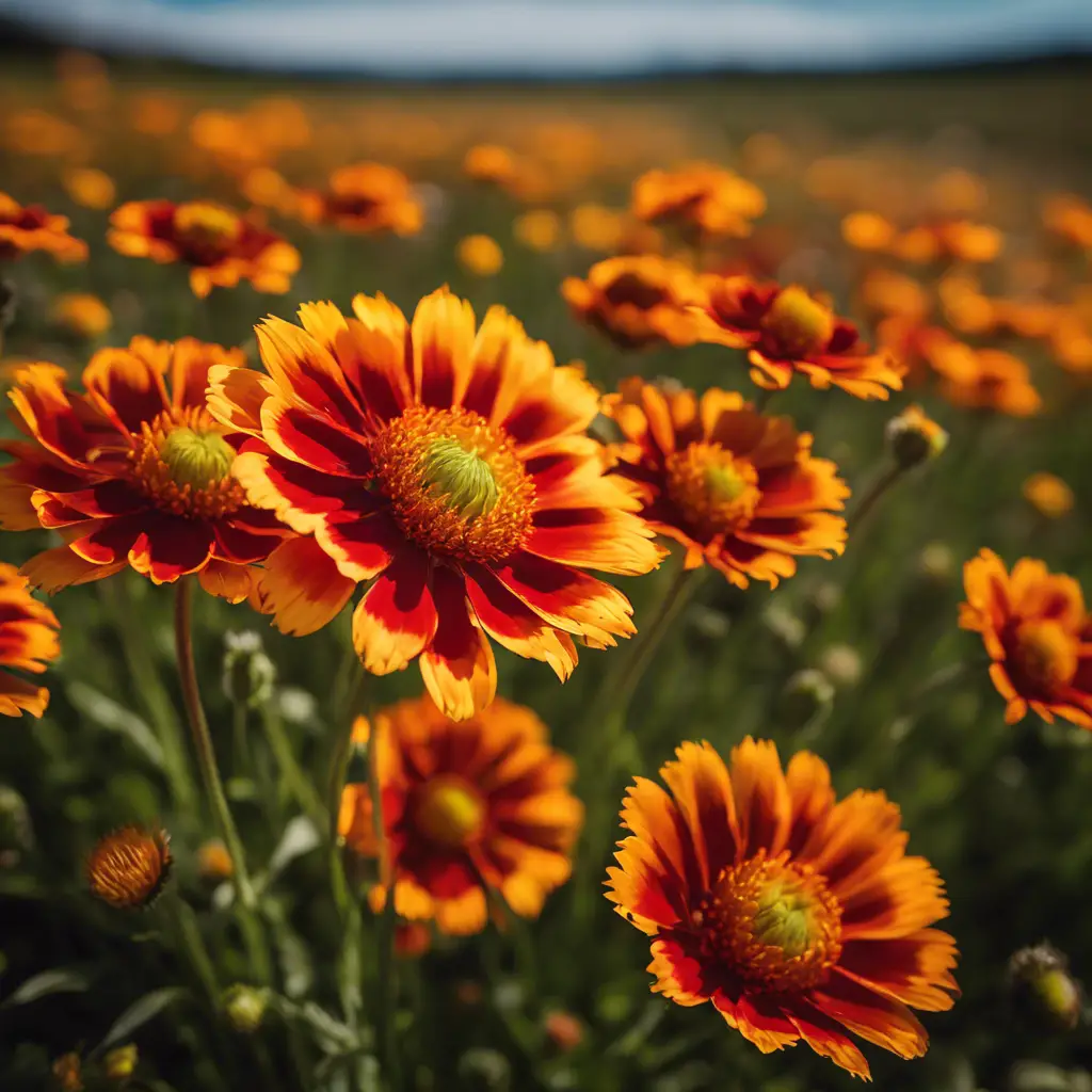 An image showcasing the vibrant orange petals of Blanket Flowers in a field, with their distinctive red and yellow centers