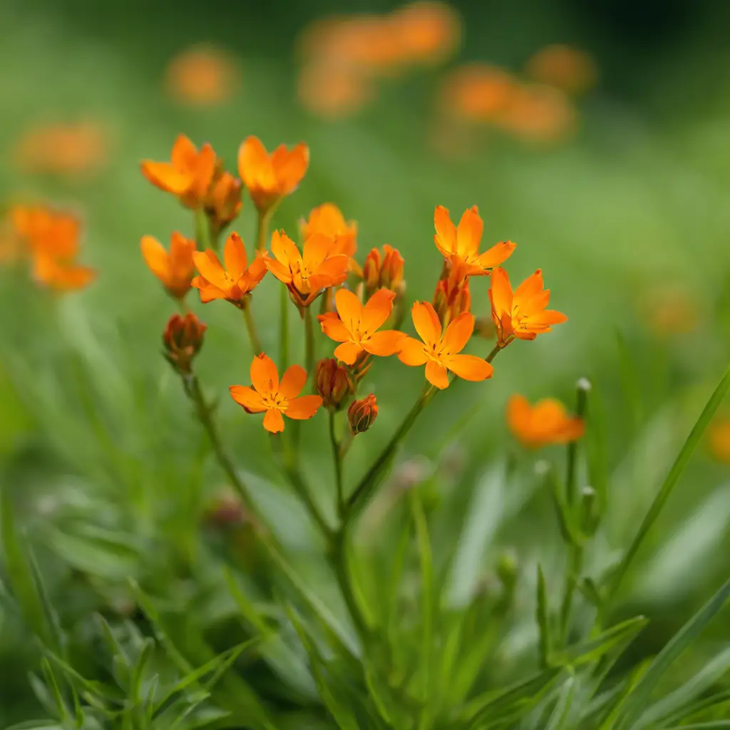 An image of a vibrant patch of Orange Milkwort wildflowers in a Pennsylvania field, showcasing their delicate orange petals and slender stems against a backdrop of lush green foliage