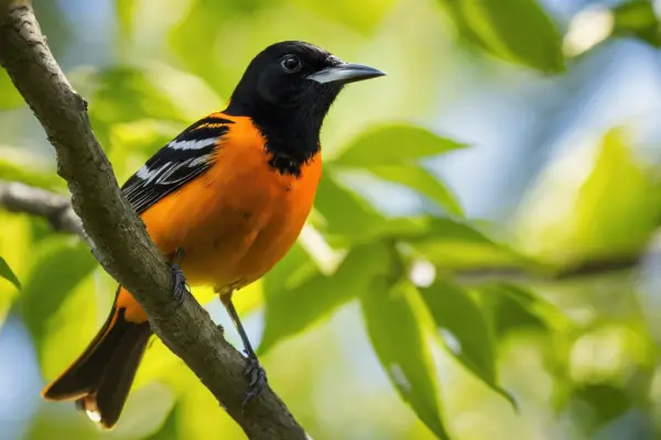 An image of a vibrant orange and black Baltimore Oriole perched on a tree branch in a lush North Carolina forest, with a backdrop of green leaves and a clear blue sky